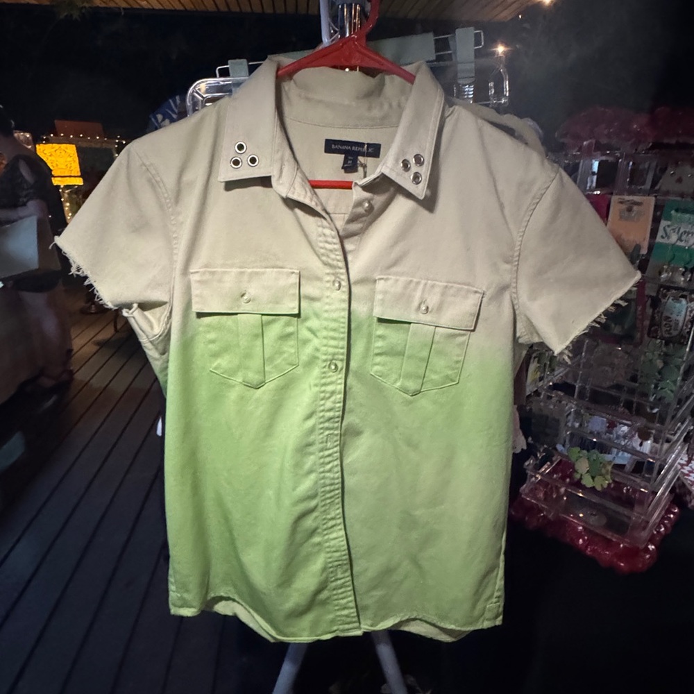 Brat Upcycled Two-Tone Green and Tan Shirt